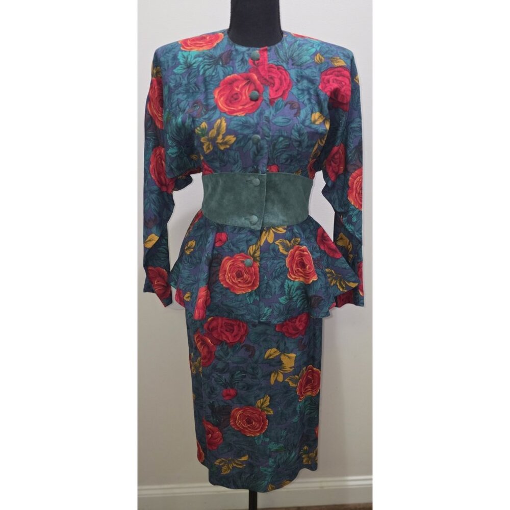 Vintage St Gillian Womens Silk Floral Faux Suede Dress Size 4 Classic Timeless